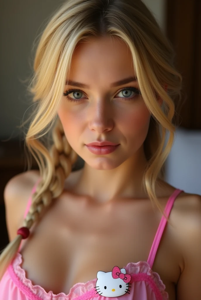 Petite 30 year old woman with light strawberryblonde hair in a braid and striking blue eyes wearing eye liner, pink lips, in a white summer dress, detailed face, cleavage, nose piercing