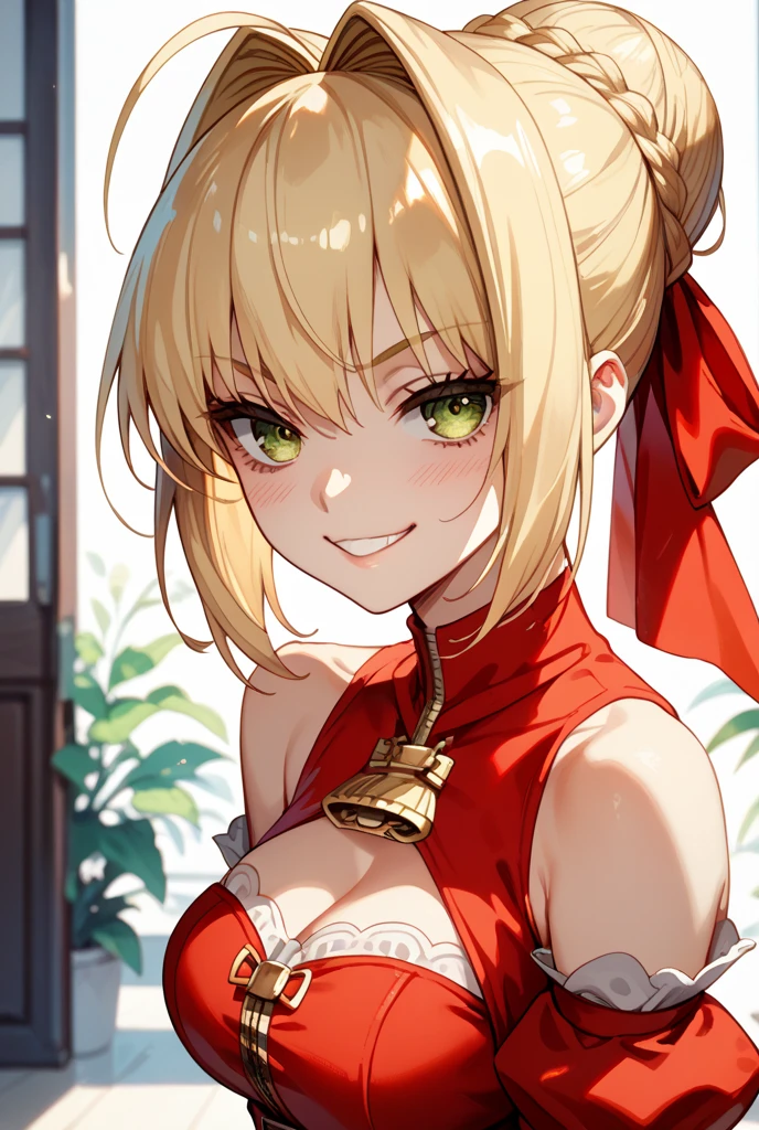 masterpiece,best quality, ultra-detailed,1girl(sakurai momoka, lovely small breasts, wavy hair,blonde hair, hair bun, double hair buns, headband, pink flower in hair,green eyes), a bright face, light smile, parted lips, nose blush, blush, facing viewer , looking at viewer, head tilt, solo, red china dress,long dress, black lace thighhighs, in the livingroom, standing, Sexy waist teasing