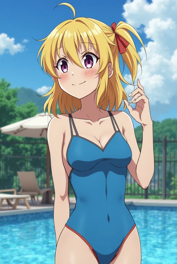 anime girl in a bikini posing in front of a tennis racket, anime girl named lucy, anime best girl, female anime character, seductive anime girl, sky!, muscular!, anime style”, is wearing a swimsuit, anime”, ecchi anime style, yukii morita, closeup!!!!!!, rin, blonde anime girl with long hair, hana yata