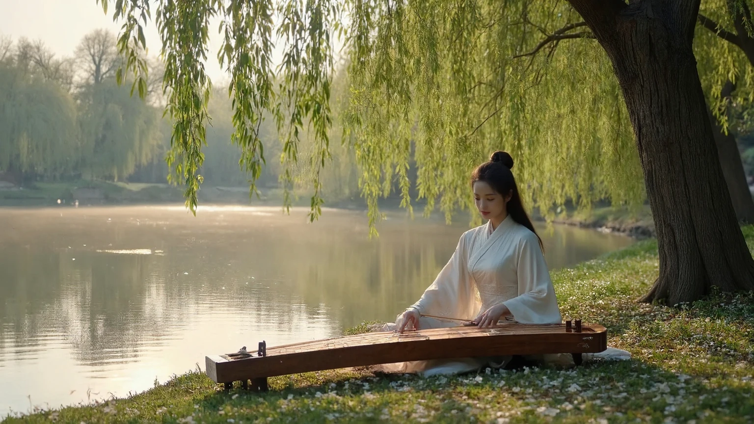 A graceful Asian woman in traditional Hanfu playing the zither (guzheng), sitting under a large willow tree beside a serene river, surrounded by soft falling petals, cinematic wide shot, 16:9 aspect ratio, golden hour lighting, soft breeze, natural background, peaceful and elegant atmosphere, ultra-detailed, realistic photo style
