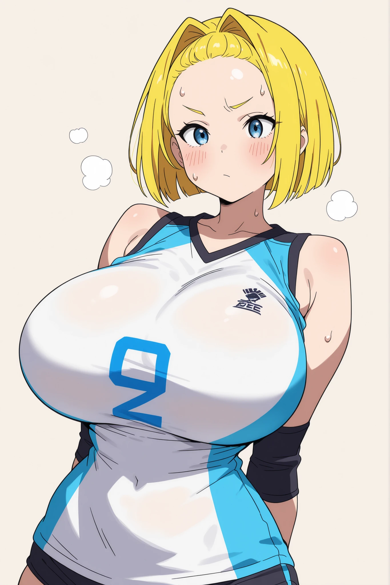 ((Table t○p, highest quality, Hi-Res Lucifer,Anime Screen Capture、Pixel Perfect, 8k, Browsing Caution)))、Perfect Anatomy、((((Brown Skin))))、(((Gal、Huge breasts、Wide Hips、Wide ass)))、(((Navy Blue Competitive Swimsuit)))、Jumping、Sweat, vapor,(blue eyes)、((Blonde)),  ((((surprised、Embarrassing、blush))))、(city)
