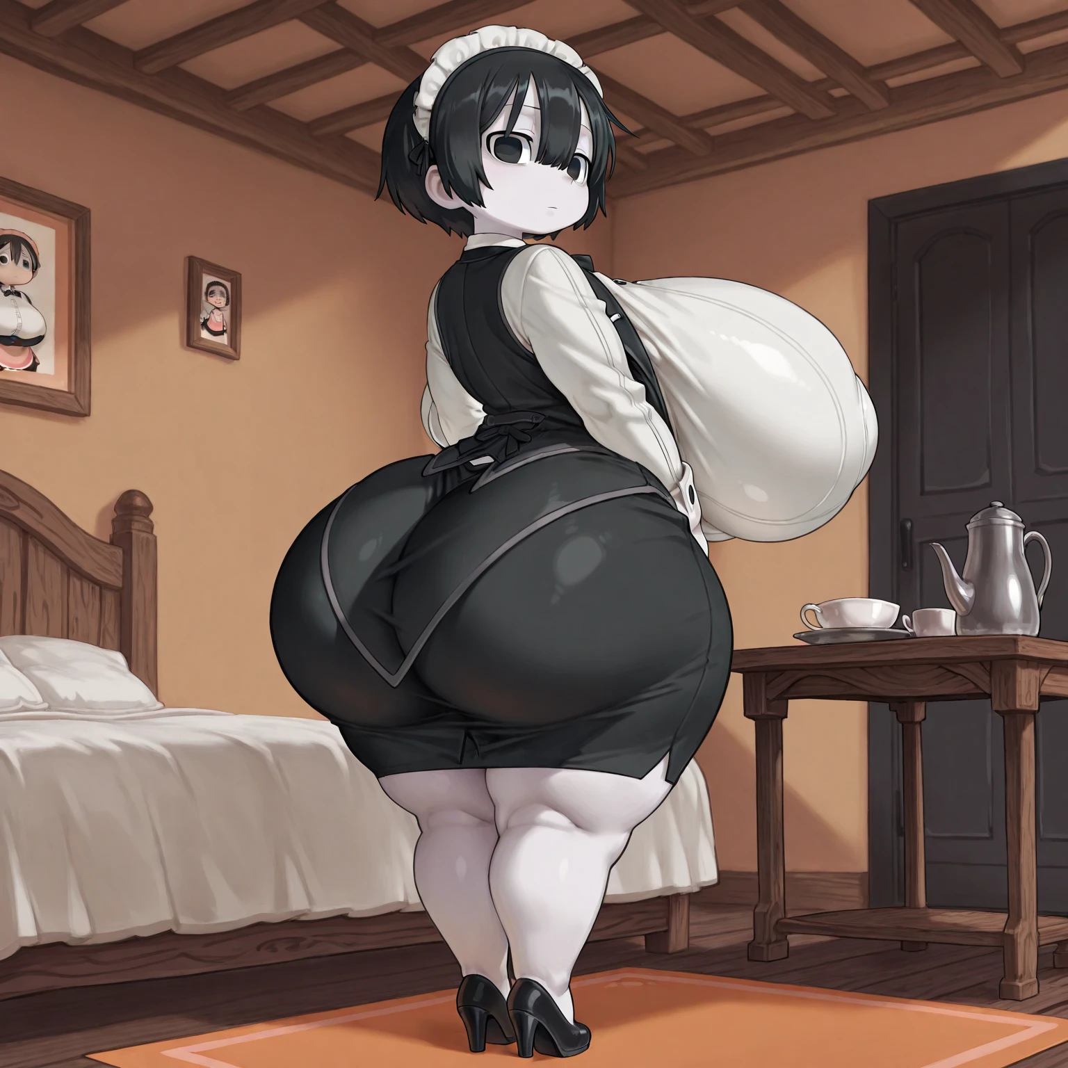 there is a black woman in a maid dress posing in front of a door, afro girl, dreadlocks, thicc, she has a jiggly fat round belly, thick body, thicc build, posing in a bedroom, thick thighs, lizzo, beautiful thick female, full body picture, thick, full body shot, bbwchan, extremely plump