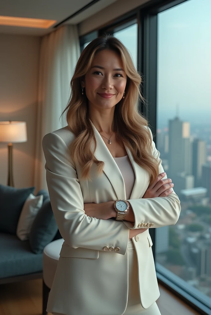 ((Highest quality, 8k, masterpiece: 1.3)), 1 girl, smile, whole body, Slim face, Beautiful woman, Medium dark brown hair, The upper body is a crisp white shirt, The top half is black straight suit pants, High heels, Highly detailed face, fine grain, double eyelid, Blurred Background, Slim face, Skyscraper, Westshot,((Loosely inward wavy hair:1.2)),((Gold Necklace＿Big earrings:1.2)),((Extra Long Brown Hair:1.2))((White long sleeve button up blouse_With collar_Delete up to the second button＿Brown pleated mini skirt:1.3)),((Looking down at the viewer,From below:1.5)),((Full figured supermodel standing, フレーム内のwhole body))((The skyscrapers outside the window look hazy:1.4)),