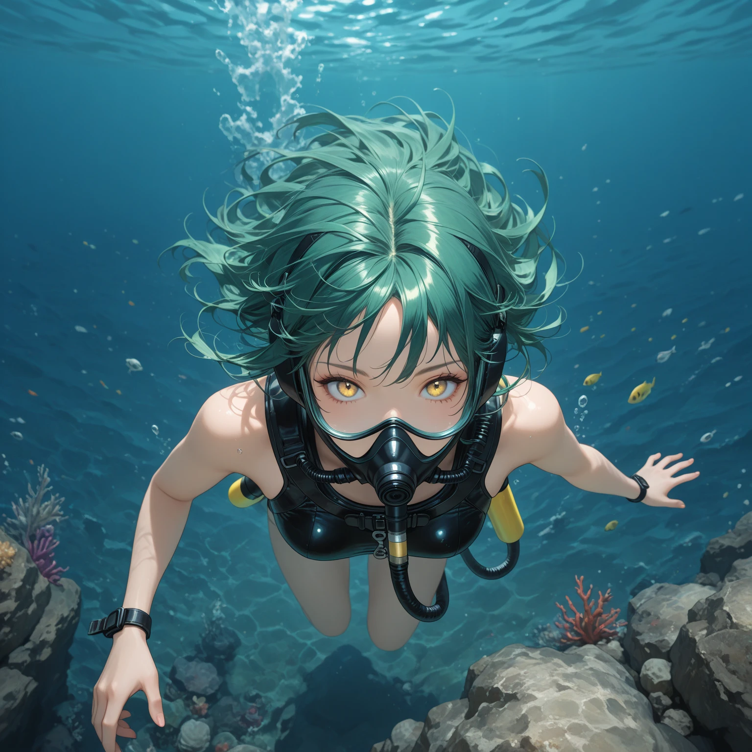 (Scuba Diving style) (enjoy Beautiful underwater), (panoramic, solo:2, 15 yo), (beautiful ponytail) (glossy beautiful green hair long hair) (beautiful cute girl), (glossy lip, happy smile, best beauty yellow eyes), (medium tits), in a Provocative Swimsuit, break, in the under sea in Okinawa, background deep undersea with Coral Farm, BREAK, perfect anatomy, masterpiece, best quality, 16k, beautiful detailed grow, daydreaming expression.