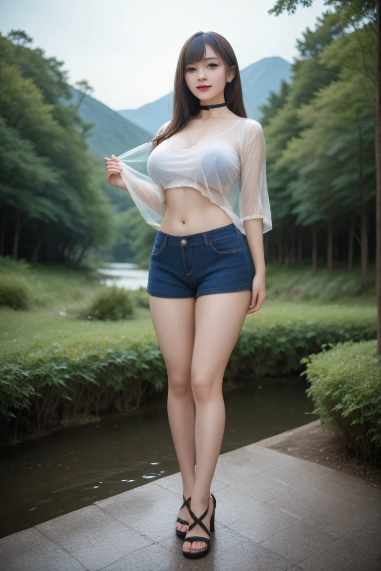 (masterpiece, realistic, high resolution), ((1 girl): 1.2), Chinese, ((black wavy hair): 1.3), (best quality detail: 1.2), (sexy beautiful legs: 1.2), realistic, 8K HD, super detailed, high quality texture, complex details, detailed texture, fine details, high detail, very detailed cg, delicate beautiful delicate face, (delicate beautiful delicate eyes: 1.32), (heterochromic eyes: 1.1, thick eyebrows), (a beautiful 25 year old cute Chinese beauty: 1.4), tie, (white transparent shirt, white transparent shorts: 1.3), ((medium breasts): 1.3, thighs), outdoors, blue sky and white clouds, upper body naked