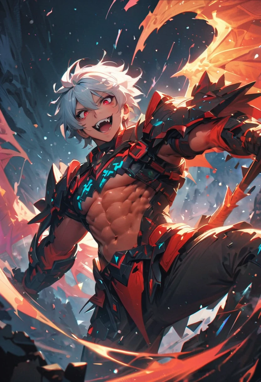 1 teenager, single boy, man, spiky hair, spiky hair, white hair, albino, red locks, red lock on one side of the face, tanned skin, red eyes, scars on the left eye, scars on the body, suit leather, butterfly wings, wings of fire, muscular body, athletic body, manly, fantasy (artwork) (high quality) (fairy)