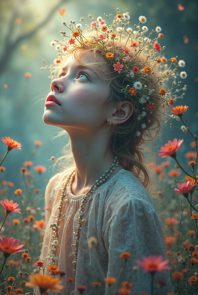 cornflower art, dreamer (A  with beautiful and detailed eyes.. The depth of field in the photo is perfect., The lens flare adds a nice touch, {{side chest:2}}}, a soaked dress, realist
