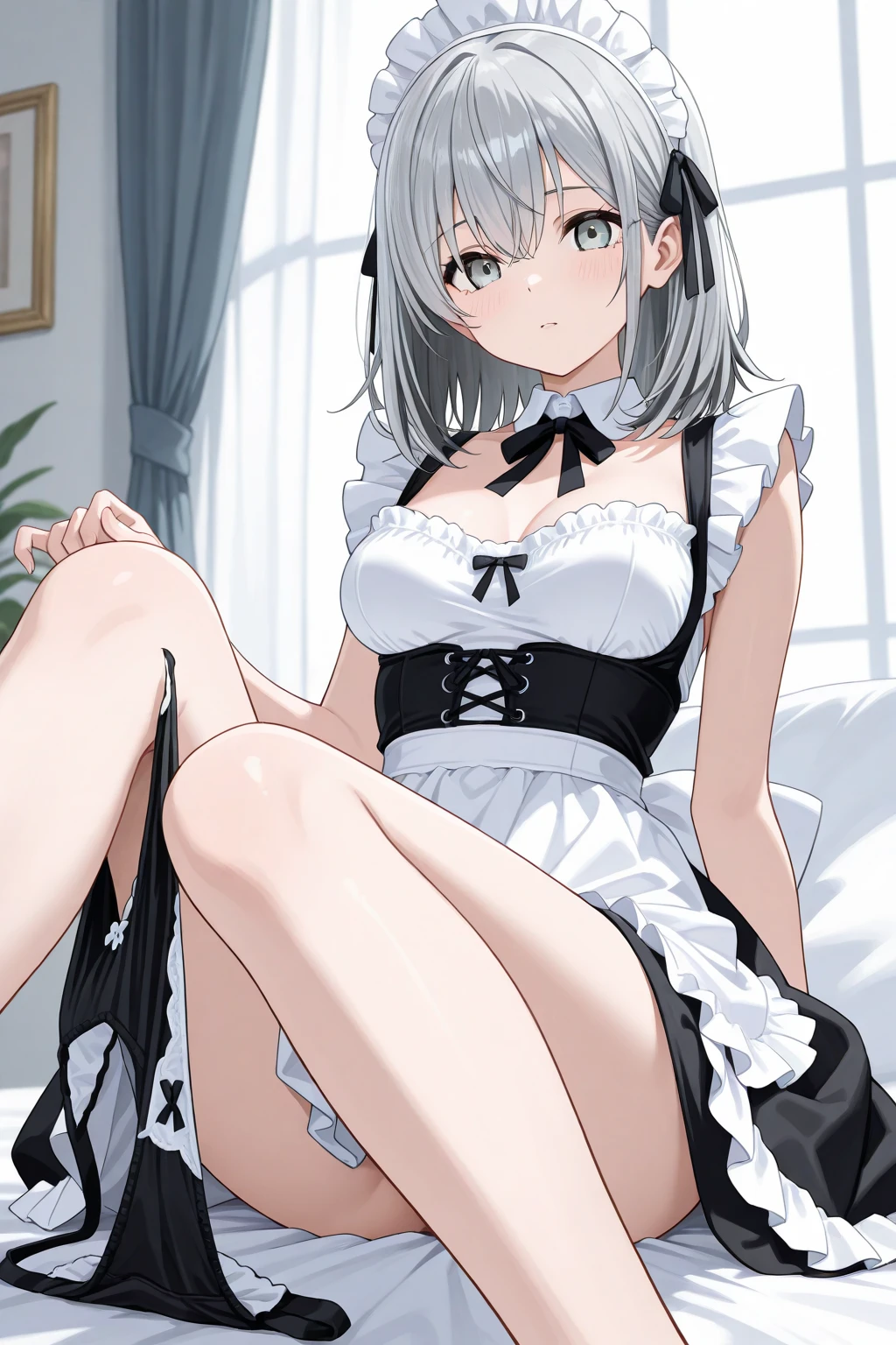 (masterpiece), best quality, ultra-detailed, illustration, warm lighting, bright colors, blue eyes, blue ribbon, bare shoulders, grey hair, hair ornament, hair ribbon, very long hair, midriff, ponytail, seoyoon, medium breast,
apron, black_bow, black_bowtie, white_dress, blinds, book, bow, bowtie, cleavage, cleavage_cutout, closed_mouth, clothing_cutout, cup, dress, frilled_dress, frills, full_body, garter_straps, hair_twirling, hand_on_own_thigh, hand_up, indoors, lamp, legs, legs_up, long_hair, looking_at_viewer, maid, maid_apron, no_shoes, panties, puffy_short_sleeves, puffy_sleeves, short_sleeves, sitting, solo, stirrup_legwear, thighhighs, thighs, underwear, white_apron, white_garter_straps, white_panties, white_thighhighs, feet out of frame,
<lora:seoyoon:0.65>