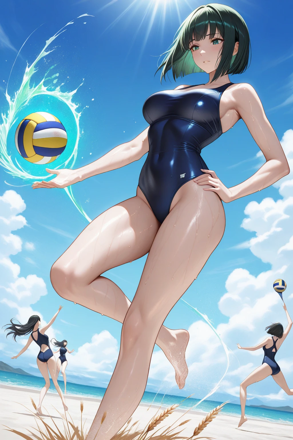 masterpiece, best quality, very aesthetic, absurdres, 1girl, mature_lady, full body, Beach Volleyball, swimming_suit, playing Volleyball,,maple(bofuri),bofuri, 1girl, medium hair, ahoge, purple eyes, hair ornament,,on beach, sweat, floating water,sunshine,sky,cloud, outdoors, ,blur background,background defocus,floating hair,
