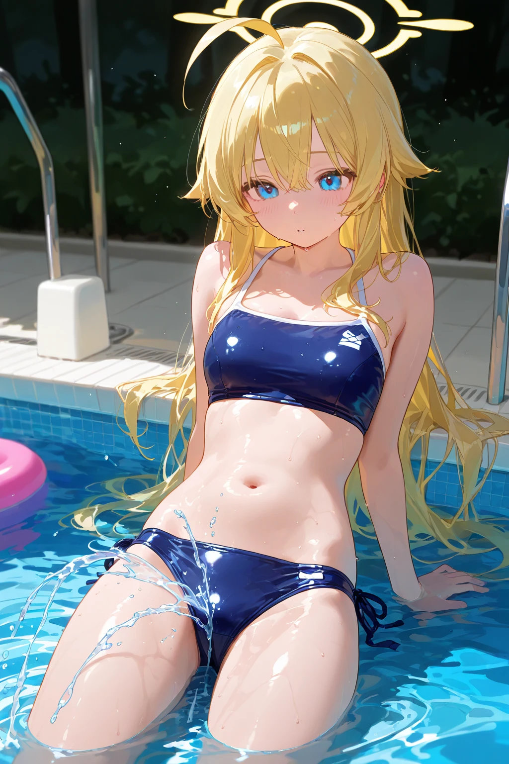 (Highest quality, Masterpiece: 1.2), (Solo), Anime coloring book, 4K quality,
SUBJECT
(((Girl))), blonde hair, cat ears, cat tail, neko ears, neko tail, little grinning happy smile,Reflexes on blue eyes.
shot from above, cool shot
CLOTHES
untied necktie, bare shoulder, white transparent wet shirt, visible yellow bikini under the shirt, Bare feet visible, blue ribbon on hair.
A girl immersed in the world of anime High school description Noise, she blush.
ACTION
She's floating in the low water, she is lying on her back in the water.
water and starfish around her.
Relaxing lying on the water, sexy pose
blue eyes.
LOCATION
beach, sun reflexes on the water, fantastic light, beautiful light, Beautiful, clear water, dream, heaven