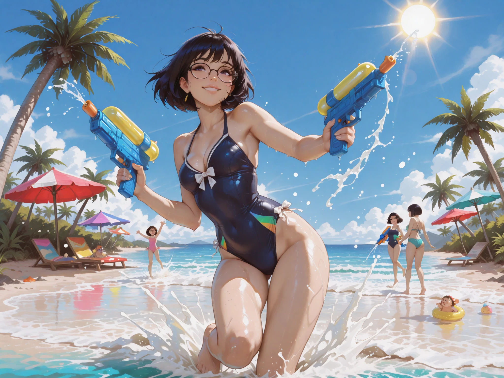 Highest quality、masterpiece、beautiful、detailed、Year: 12、Black hair twin-tailed female elementary school student、beach、Pouring sunlight、Dynamic pose、Spraying water with a water gun、Angle from below、smile、Slim figure、Soaking wet、erectile nipples、open vagina、pussy、photoRealistic