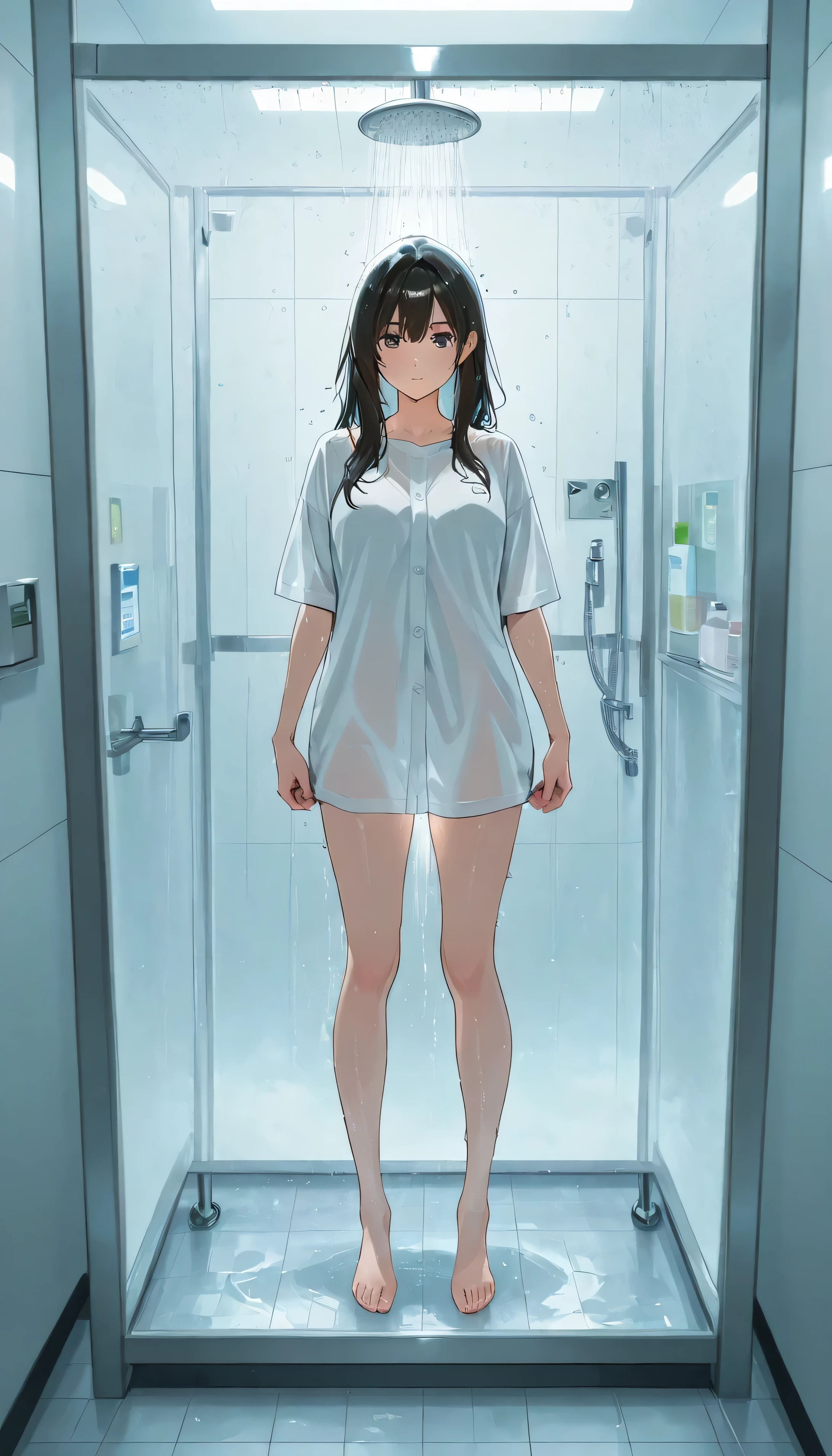 Soft light, bright light, bathroom, Full Frame,  full length , perfect rendering, high resolution,  masterpiece ,   transparent shower cubicle ,  leans on the wall of the shower cubicle,  front view, mo character. indoor