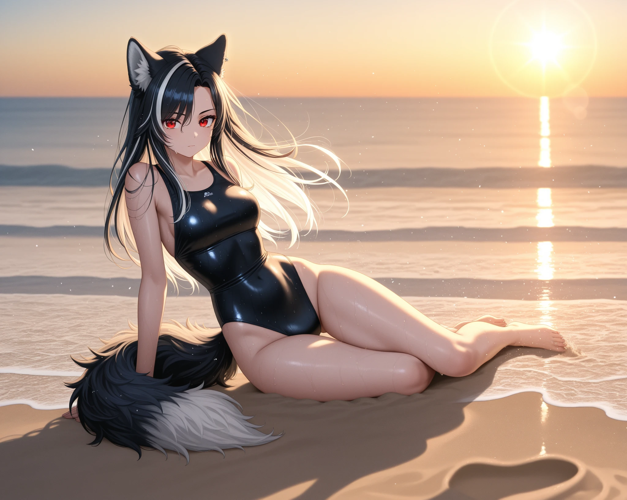 an anime weighting with wolf orehas black hair swimsuit