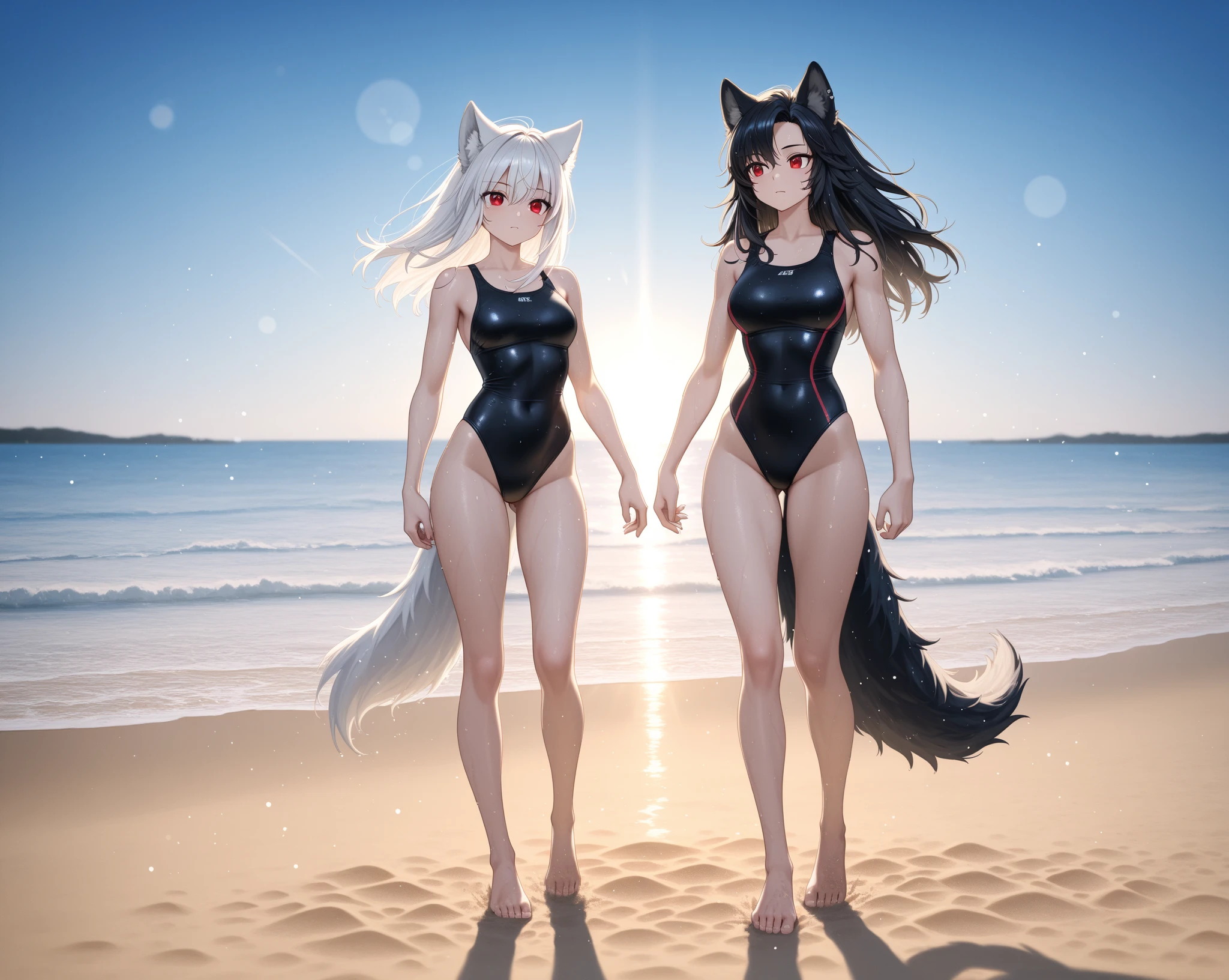 masterpiece, best quality, loona hellhound, loonacroptop, loonashorts, detailed face, detailed eyes, (slit pupils, white eyes), red sclera, happy, [smile, [spiked collar]], fingerless gloves, swimsuit bikini, digitigrade, standing, beach, sunny rays, huge breast, 