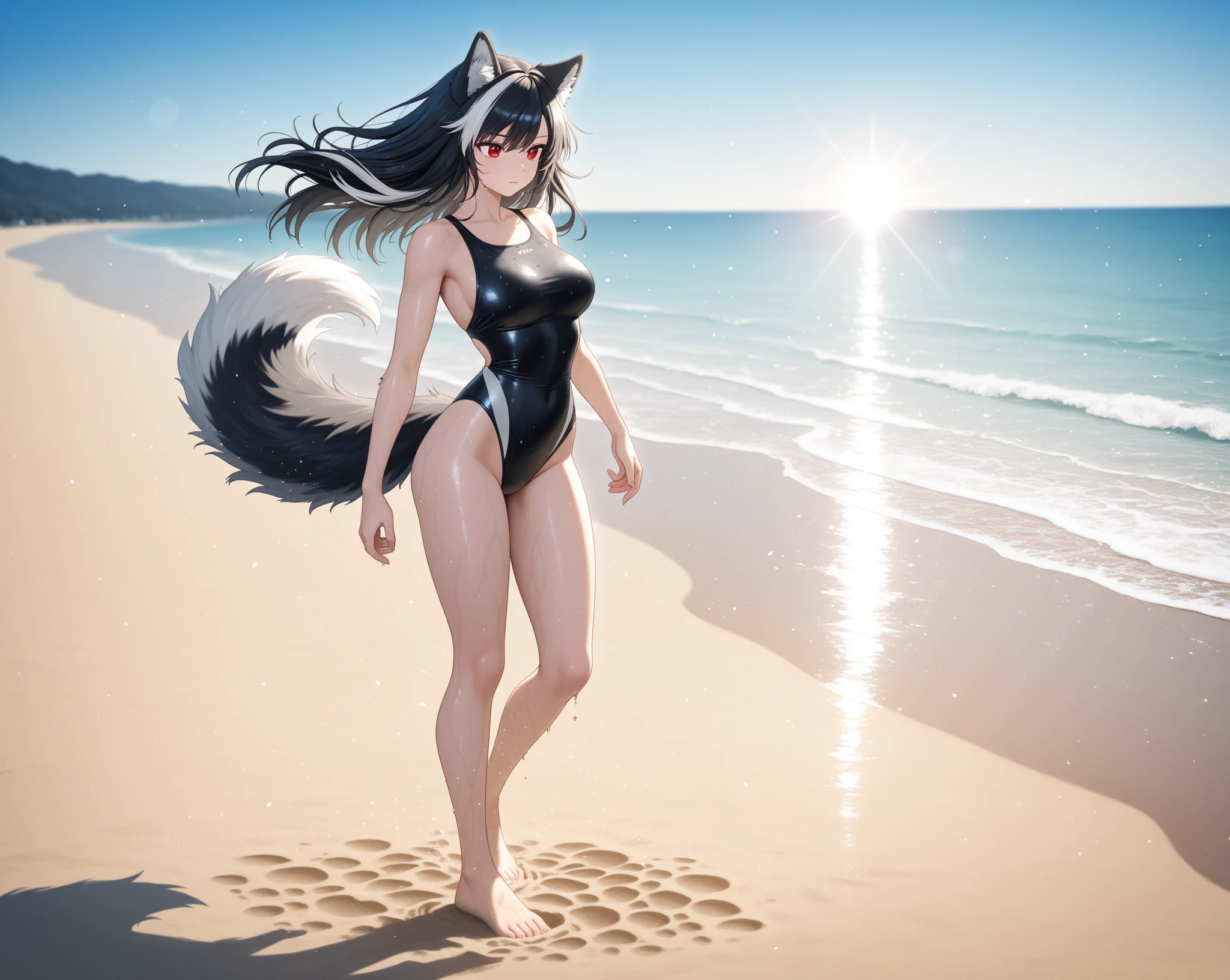 photorealistic, best quality, cinematic lighting, film still, movie, directed, full color, extremely detailed, sharp focus, highly coherent, theatrical, light, bright colors, radiant, incredible quality, fantastic ambient, (masterpiece:1), wolf, at beach, fluffy tail, by chung0 0, by null-ghost, by littleblackalas, by [bakemonoy|darkgem|mystikfox61|lostgoose] puro \(changed\), female, one female only, dark grey, full body is very dark grey, dark grey fur, breasts, black claws, body fully dark grey,  furry female anthro puro, seductive, tail, sexy pose, looking at viewer, white eyes, thick, big , big tits, waist similar size as chest, full body, fully dark grey body, thighs slightly bigger than waist, feminine arms, feminine hands, golden wristband jewelry, seductive eyes, white bikini bottom, wearing white bikini, smug smerk, wolf cut hair, on all fours, stretching leaning front of body downward, rear view, thigh focus, between legs view