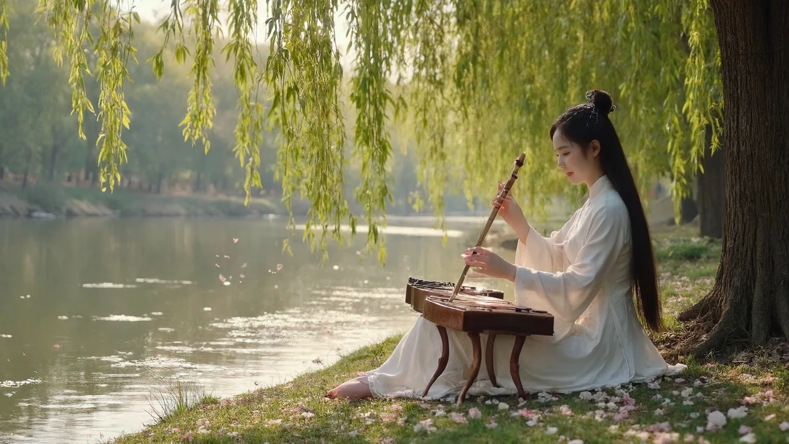 Close-up A graceful, beautiful Asian woman in traditional Hanfu playing the guzheng, sitting under a large willow tree beside a peaceful river, surrounded by soft falling flower petals, cinematic panoramic shot, 16:9 aspect ratio, golden hour lighting, gentle breeze, natural setting, peaceful and elegant atmosphere, super detailed, realistic photo style