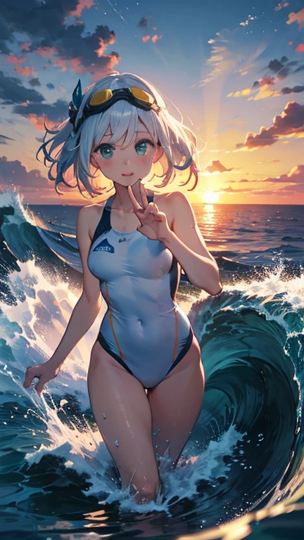 (flat color:1.3), colorful, color splash, water, splashing,, (masterpiece, top quality, best quality, beautiful and aesthetic:1.2), (1girl:1.3), original, high resolution, surreal,, arm support, skin fang, straight-on, full body, white hair, very short hair, double bun, gray eyes, dark skin, dark-skinned female, large breasts, giggling,