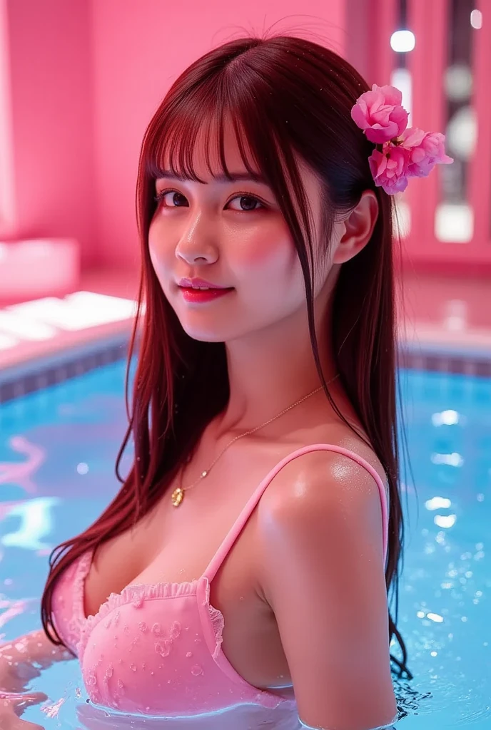 (8k, RAW Photos, Highest quality, masterpiece: 1.2), (Very detailed), (Super Resolution), (Genuine, Genuine photos: 1.37)、(Portraiture), (High-quality RAW color photos)、 (Professional photos).( Very detailed and beautiful new),(Very detailed), (8k wallpaper),(Amazing details),(Large file size),(Official Art,),(Very detailed),(8k wallpaper), (Very detailed beautiful girls),(Very detailed facesHighly detailed eyes),(Very fine skin),(Very detailed fingers,),(Very small nose),(Very detailed detailed mouth),(Perfect Anatomy),(Detailed Background),(High Quality Clothing),(23 years old),(cute girl), (Genuineistic body),(White skin),(Glowing Skin), (Blunt bangs:), (smile),(cute),(cute face),(Genuineistic face), (delicateな目),(Saggy eyes), (Bunny Girl Costume)、(Fishnet tights)、necklace、Earrings、Looking into the camera, Dynamic Lighting, G-cup breasts,Big Breasts、(Night swimming pool background)、(dynamic stylish pose)、(Cleavage)、(Thin legs)、(delicate, Plump and moisturized lips)、(Light-up LEDビキニ, Clear sandals, Neon Accessories. Glitter makeup、Glow in the dark event)Bikini Black　Wet body