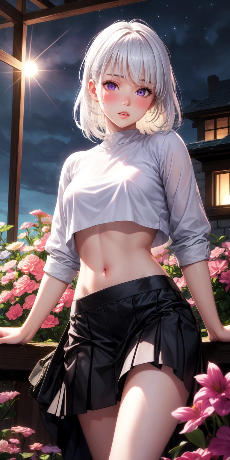 realistic, 1girl, white hair, purple eyes, glowing eyes, crop top, skirt, parted lips, blush, night, flowers, sun, sunlight,