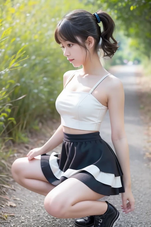 Top quality, masterpiece, (Reality: 1.2), 1 girl, 18 years old, brown hair, twin tails, brown eyes, front view, detailed face, beautiful eyes, full body, sitting on a bench, (mini skirt), open legs, camisole, belly button, white panties, nice thighs, nice legs, nice skin, fine skin, white sneakers