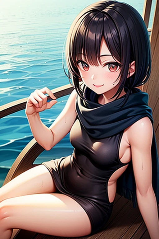 ((mejor calidad)), ((Obra maestra)), (detallado), cara perfecta, Joven de cabello negro largo y lacio, ojos rojos, pale skin, asian factions, 19 years, esbelta, busto mediano, bonitas curvas, estilo anime, elegante, only character in the image, red eyes, waiting for you, cute face, sexy, micro bikini, sutil pussy, beach, in love with viewer , black hair