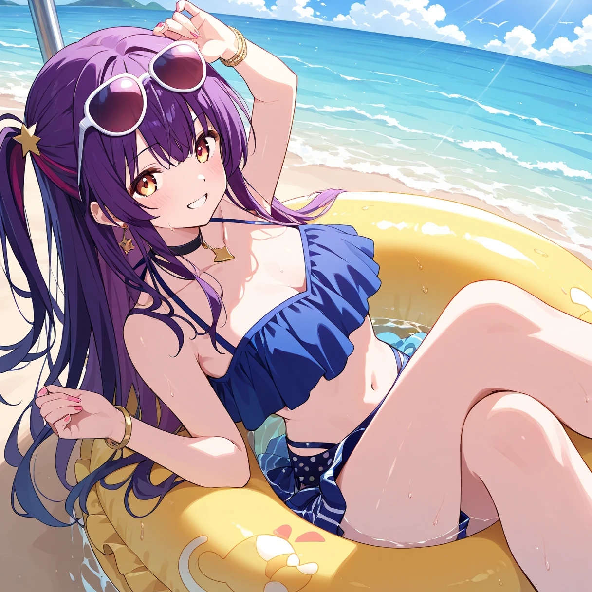 best aesthetic, 1girl, solo, long hair, breasts, looking at viewer, smile, bangs, very large breasts, really huge butt, big butt, swimsuit, cleavage, pink lipstick, kiss marks, outdoors, sky, day, bikini, cloud, tree, water, pedal, blue sky, purple bikini, pink pool float, inflatable butterfly wings, beach ball, palm tree, beachball, beach umbrella, ocean waves, a beautiful young woman wearing a purple bikini, lounging on a pool float in a sparkling blue pool. She is surrounded by tropical flowers and palm trees, and the scene is set against a backdrop of a bright blue sky with fluffy white clouds. The woman's pose is sexy and seductive as she floats in the pool, enjoying the sunshine. The colorful flowers, pool float, and her bold purple bikini all contribute to the fun, summery vibe. The overall atmosphere is cheerful and lighthearted, capturing the essence of a perfect poolside day.