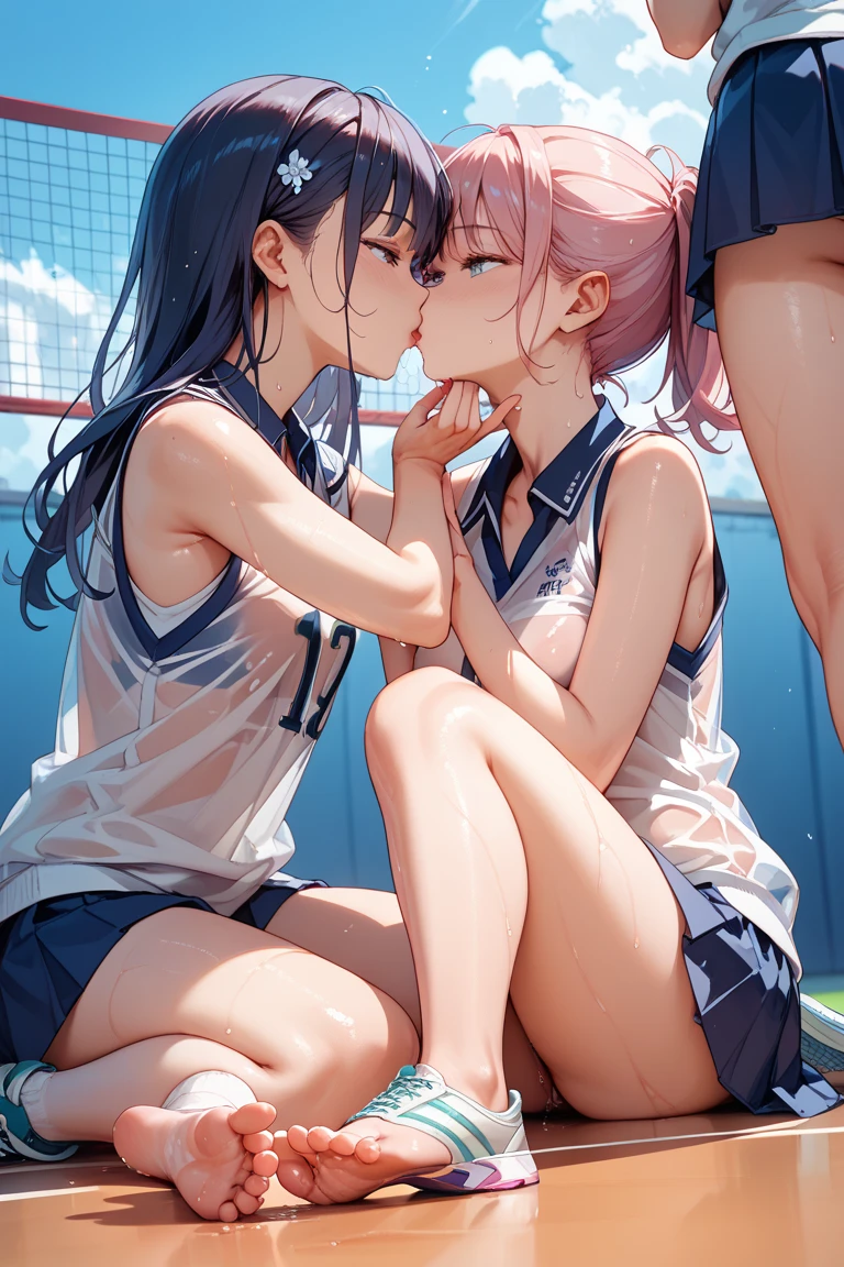 Two women having fun on the tennis court, lewd: 1,2, hentai: 1,2, NSFW: 1,2, lesbian micah: 1,2, grabbing each other's ass, kissing, blushing, wet sleeveless t-shirt, shorts, anatomically correct