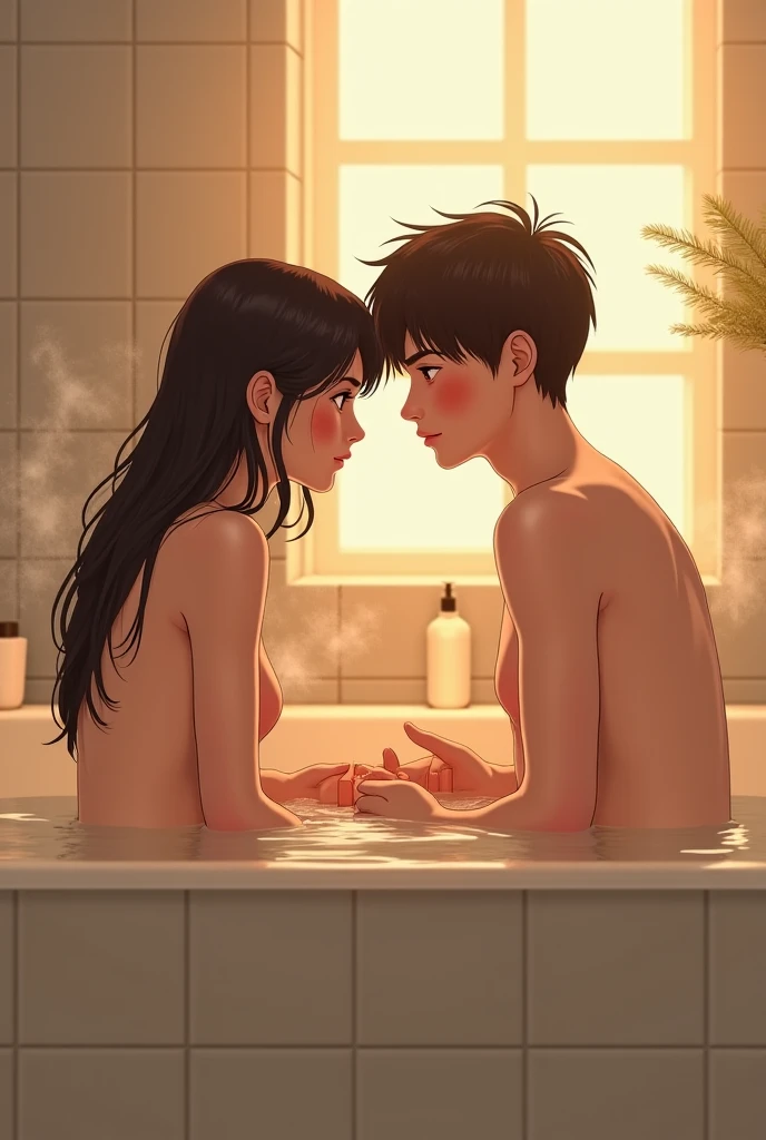 score_9, score_8_up, score_7_up, source_anime, best quality, masterpiece, official art, absurdres, highres, ultra-detailed,waifu2x,Collection: Slice of Life,break,1boy, 1girl, tomboy, dark-skinned female, short hair, low ponytail, flat chest, nipples, beautiful detailed eyes, nude, hug from behind,bathing, wet, open mouth, steam, water, water drop, bathroom, indoors, break,(clear line illustration:1.2), super detailed skin,very high resolution, very aesthetic, Best sexual lighting powered by famous artist, 8k,cute picture,beauty illustration,photoshop_(medium),,(Detailed Lighting),uncensored,