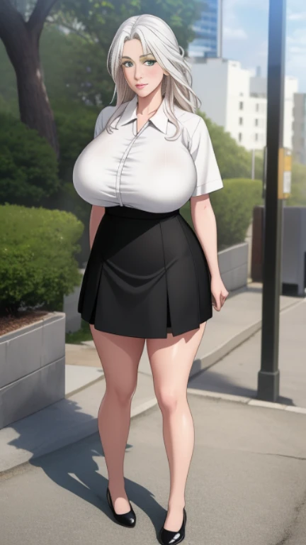((huge breasts))
((Very thick thighs))
((Very fleshy young woman))
(Tall)
(cleavage)
(Short Blonde side ponytail hair)
Standing
(((Shoot from front)))
(((photograph the whole body)))
(Japanese school uniform)
(white (business) shirt)
(Black mini(school)skirt)
Japanese
Tokyo city