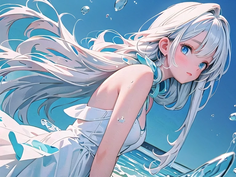 4k,8k,(masterpiece), (best quality), (super detailed), (disheveled hair), (illustration), (cat-eared girl), standing, fashion model, looking at the viewer, (interview), (beautiful beach background of sunset), finely beautiful eyes, delicate beautiful face, floating, (high saturation), (colorful splash), colorful bubble, (shine), focus on face, ponytail, variety bright hair color,kamisato ayaka,silver hair,bangs,hair ring,floating flowers,floating hair,(sparkling),best lighting,best shadow,swimsuit,bikini,small