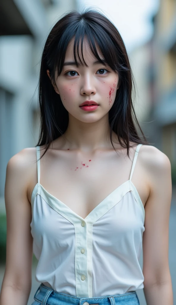 undead、Two hot Japanese female zombies、Grey Skin:1.2、Tattered clothes、Nipples、whole body、In town