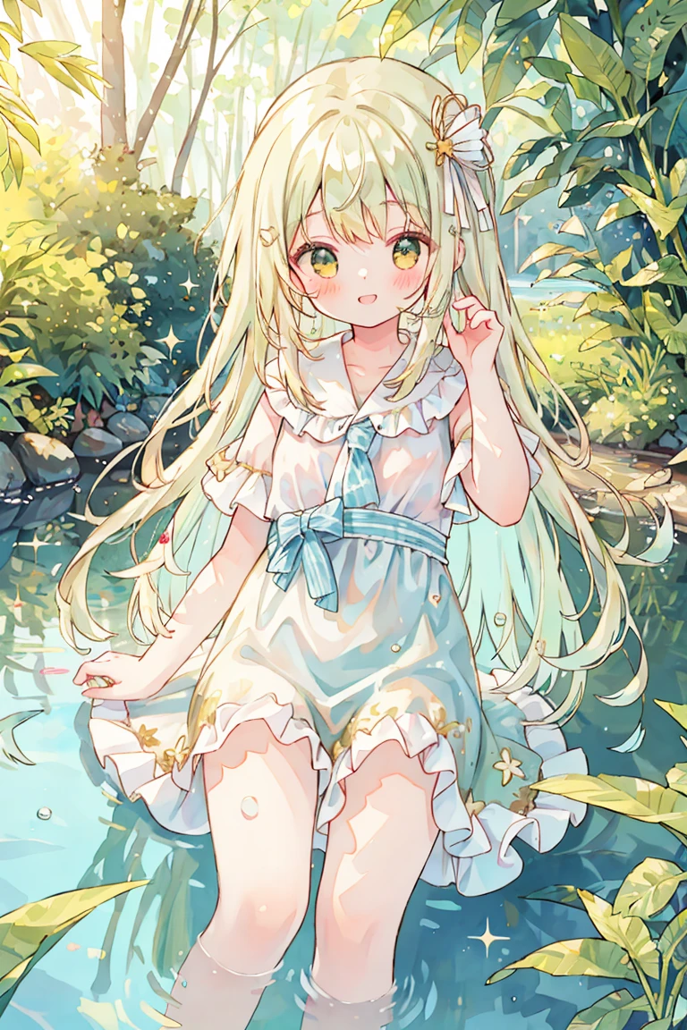 An anime child girl with green eyes and golden hair, sitting on the edge of a magical lake with her feet in the water, under a tree, 8k, lots of detail, full body, sleepwear, tired, beautiful eyes, perfect eyes --auto