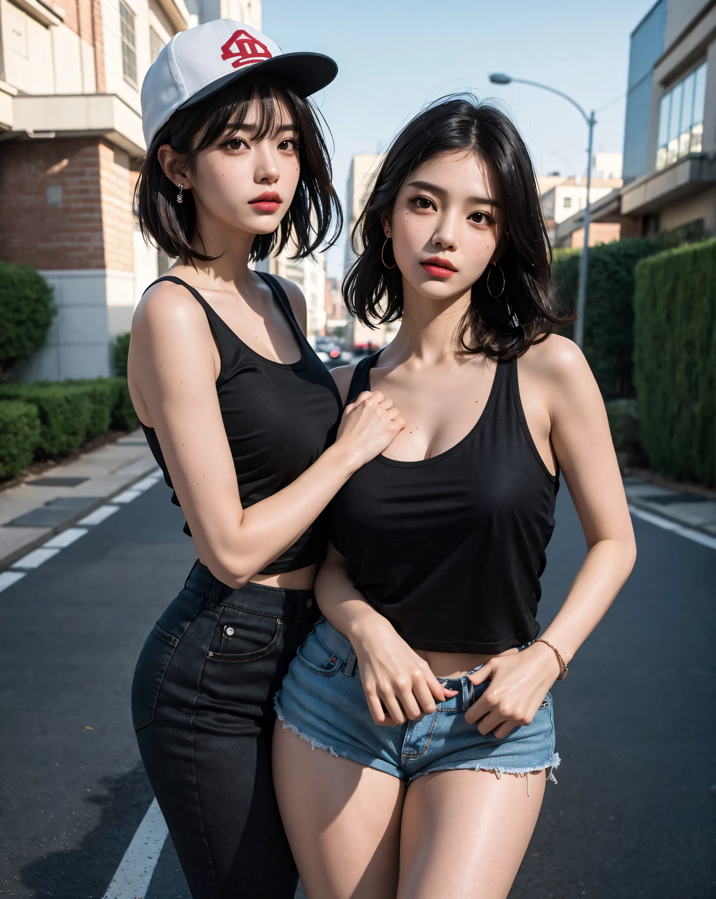 best quality, photorealistic, 8k, high res, full color, 1woman, 20 years old woman, (closed mouth:1.73), (skindentation), malay woman in a black top and jeans posing for a picture, beautiful malay girl, gorgeous young malay woman, she is wearing streetwear, anime girl in real life, with short hair, young asian girl, beautiful malay women's fashion model, wearing crop top, park, trees, fountain, daylight, anime style mixed with fujifilm