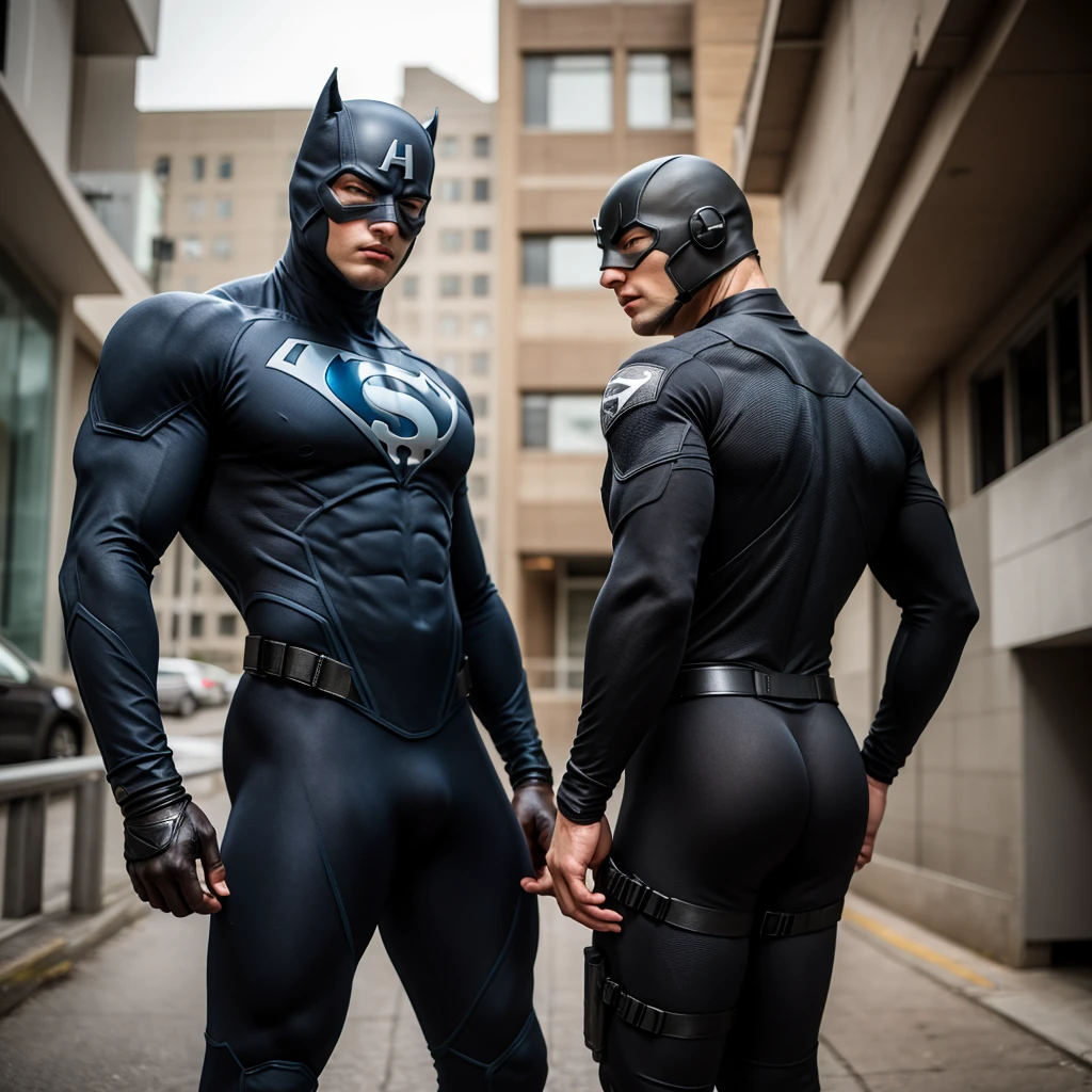 Batman and Iron Man,detailed back ground,Strong body,bellyfat,40-year-old middle-aged man,Shirtless,White skin of the,Thick body hair,Bulge,fortitude,office room,two guys,Blue panties,Sexy briefs,Harnes,fortitude,k hd,with mustache,black long socks