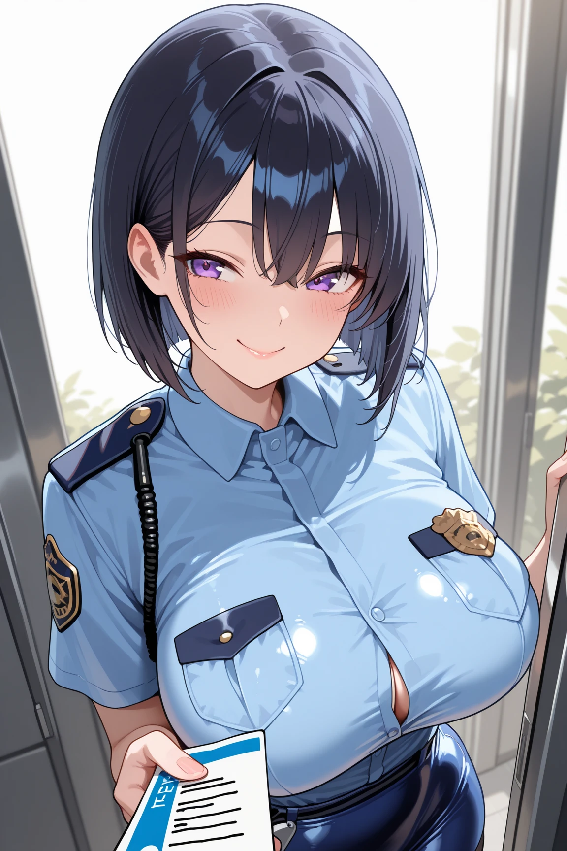 NSFW,(((((fullnude))))), (Perfect body),Best Quality,(8K Portrait),(Official art)、(NSFW)、(((muscular)))、(Police Hat)、(Navy blue jacket)、embarrassed from、1girl in,(Grinning smile)、((one eye closed))、showing teeth、(((thick thighs)))、 ((Surprised))、(((blush))),(Sweat),((((large udder))))、(big butts)、(Dark hair),((bob cuts)),Short hair, (Yellow eyes),(((Navy blue leotard)))、Black knee socks、(Hands behind the head)、sexypose、(In the street)、
