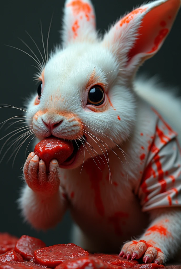 White rabbit, muscular and strong, EATING alligator meat 