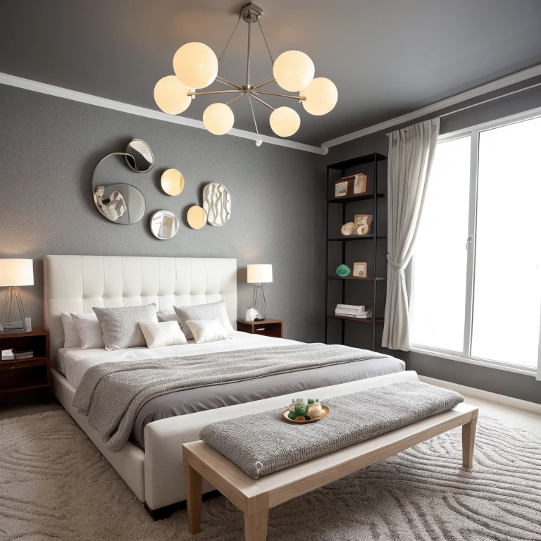 A minimalist bedroom rendered practically in white and gray tones. Room with a bed with colored bedding white and gray, headboard, a bedside table with lamps, modern chandelier, an abstract artwork on the wall, a bench at the end of the bed with decorations, light gray curtains on the window, shelves and a carpet with a wavy pattern. Ánh sáng dịu nhẹ chiếu vào phòng.
