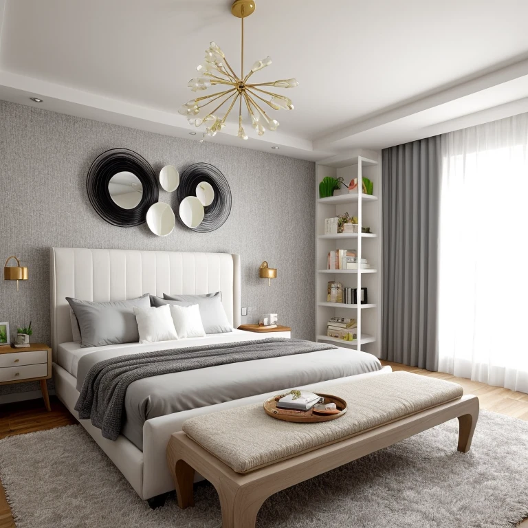 A minimalist bedroom rendered practically in white and gray tones. Room with a bed with colored bedding white and gray, headboard, a bedside table with lamps, modern chandelier, an abstract artwork on the wall, a bench at the end of the bed with decorations, light gray curtains on the window, shelves and a carpet with a wavy pattern. Ánh sáng dịu nhẹ chiếu vào phòng.
