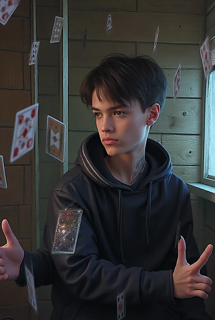 Teenager with a wolfish look and an evil expression on his face , Her hair is short and silver and her racket emanates a gray aura in the shape of a flame.