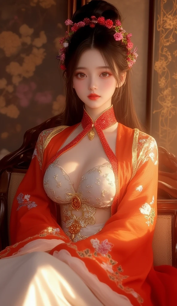 Realistic, 1 girl, see-through chinese armor soft red black, very large breasts, black hair, red lips, detailed eyes , dark backgrou,,Low light, Chinese underwear, best face, Low light landscape, sexy style, royal, Penetration , chinese underwear,bust, Dark background, Detailed face, taken from the belly up