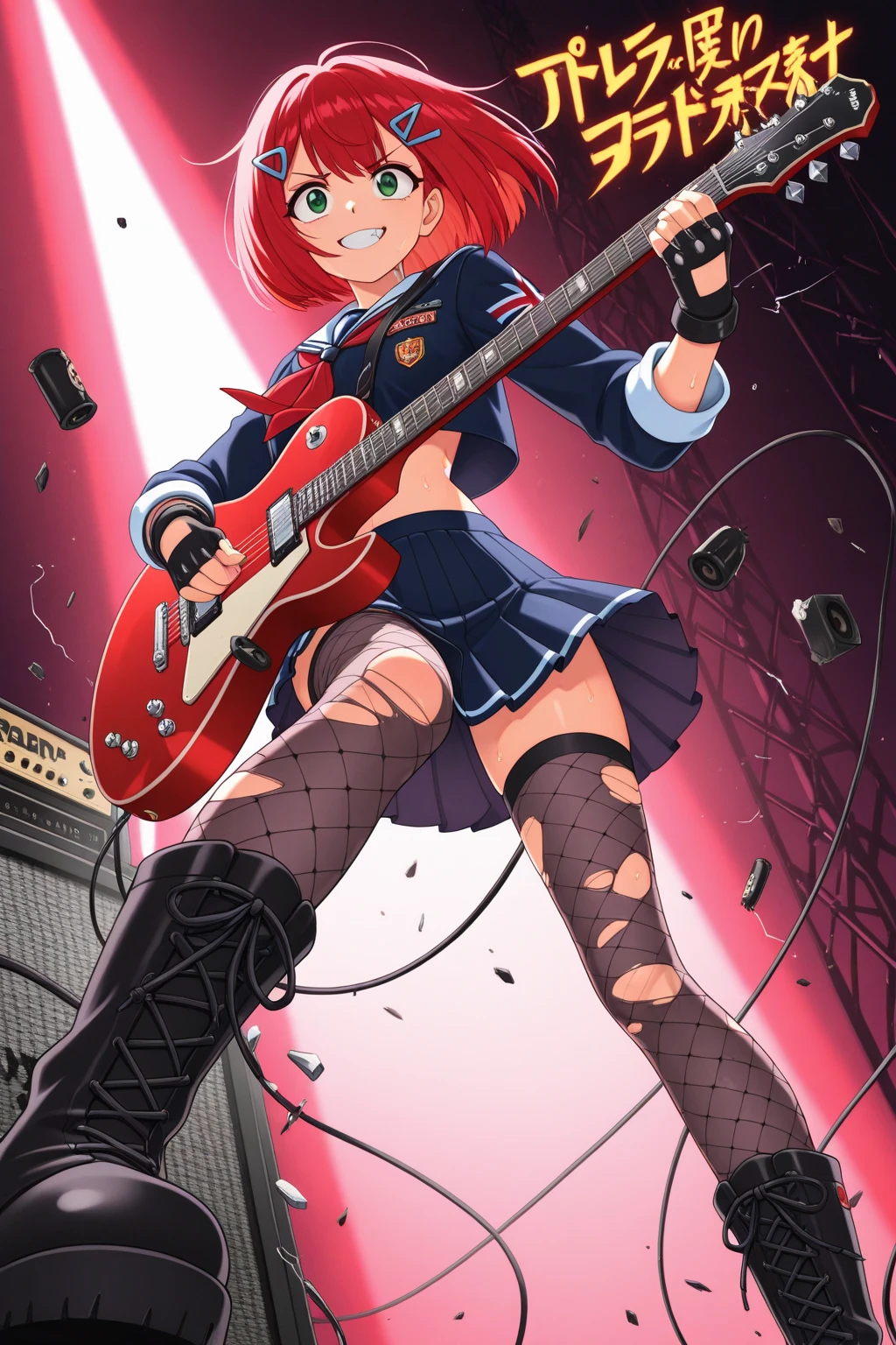 cropped shoulders,knee length socks,pleatedskirt,athletic sneakers,hoody,Stand up,With a hat on,electric guitar
