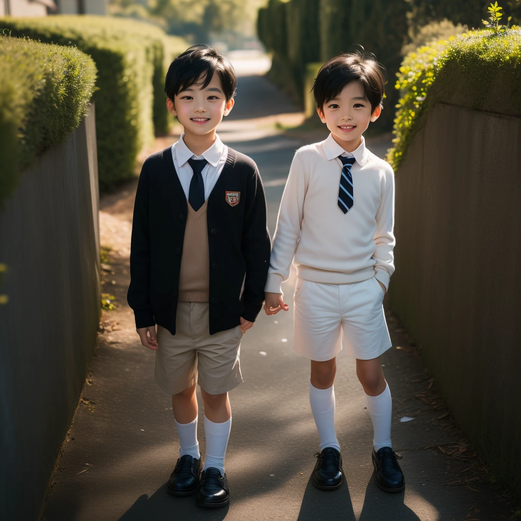 Highly realistic photo, ((masterpiece), (best quality), (raw photo), (photorealistic:1.4), old photo of two young vietnamese children standing in the corner, behind them is an overgrown garden with plants and trees, ((5 year old sister and 2 year old brother)), Boys have silky hair, girls have long black hair with bangs, they look happy but not looking at camera, ((black pants)), in front of window, on white background, realistic, vignette, photo taken by Sony A7IV
