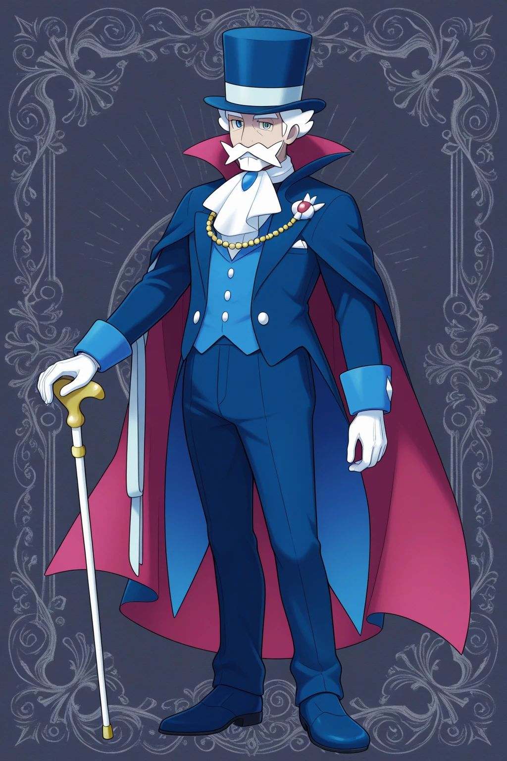 Highest quality,Masterpiece,Pro Art,8k,Based on anatomy,silk hat,Light purple hair,Eye mask,Purple Cape,Japan animated style,kait8uj8ker, white hair, spiked hair, Blue eyes,Full body image,Huge muscles,Huge erect penis,