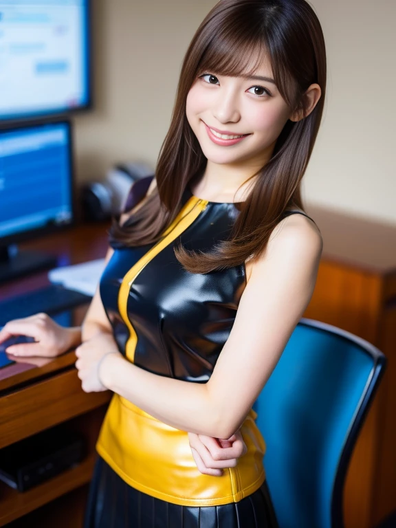japanese, solo, large breasts, brown hair, bangs, smile, (natural make:1.2), dynamic angle, high res, (photo realistic:1.2), (highly detailed:1.1), desk, (Sleeveless Dark Grey Bodycon Dress:1.3)), office chair, smile,(computer), night view ,detail brassiere, delicate background, bokeh, professional lighting, physically-based rendering, (cowboy shot), (cleavage),