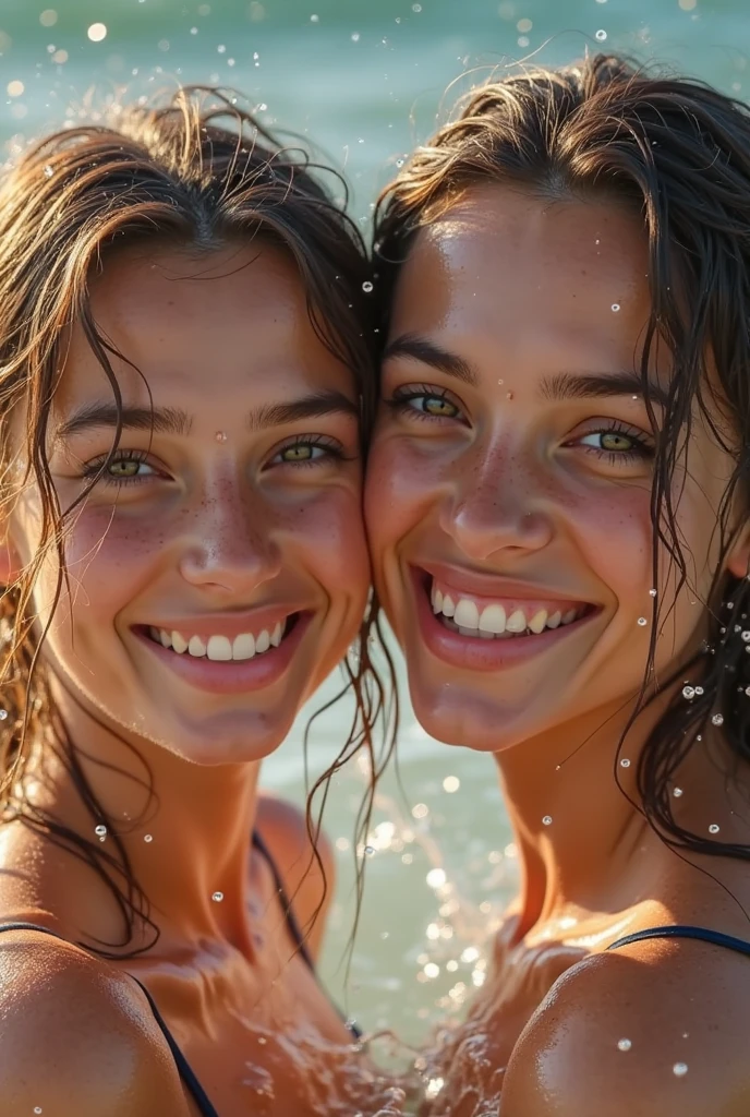 20 yo aussie girls playing in the water, at the beach, bright sunshine, wet sand, waves, long sleeves, 2 girls, ((lace teddy)), ((chemise)), closeup fantasy with water magic, beautiful maidens, playful, (splashing), cleavage, photorealistic, dripping wet, in water up to their shoulders, beautiful realistic photo, nymph in the water, hyperrealist portrait at seaside, hyperrealistic fantasy photo, splashing, playing with each other, cute shot, narrow depth of field, 8k, ((drenched)), ((soaked)), (dripping water), dripping oil, soaked in oil, wet all over, rouge lipstick, wet dripping hair, varied hair, smiling, ((see through)), varied poses, tropical beach
