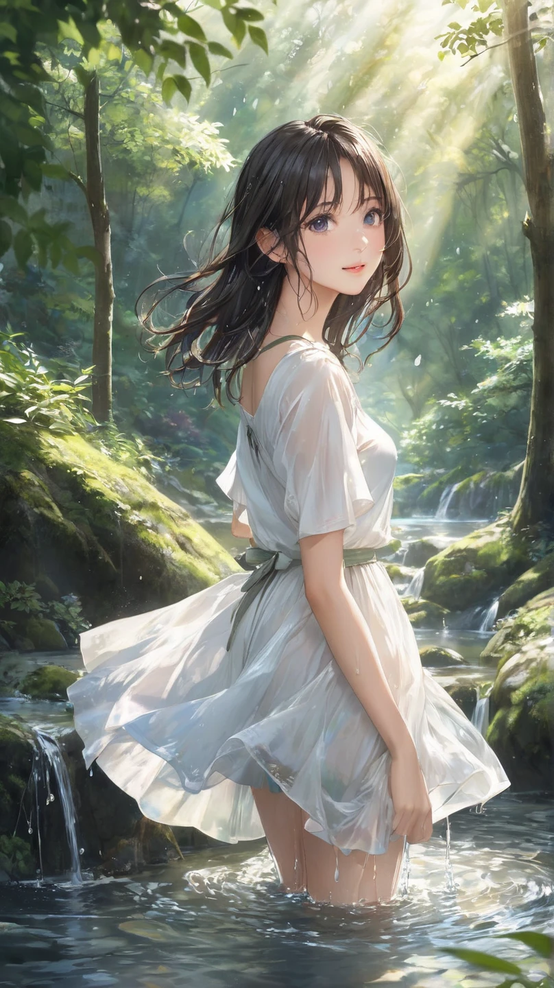 beautiful slender sophisticated girl (with a very beautiful, sophisticated face of the southern type with almond-shaped eyes and delicate lips) barefoot ((in a very short beige light summer sundress)) with tender breasts in the rain in the summer forest, purple thunderstorm, in watercolor style