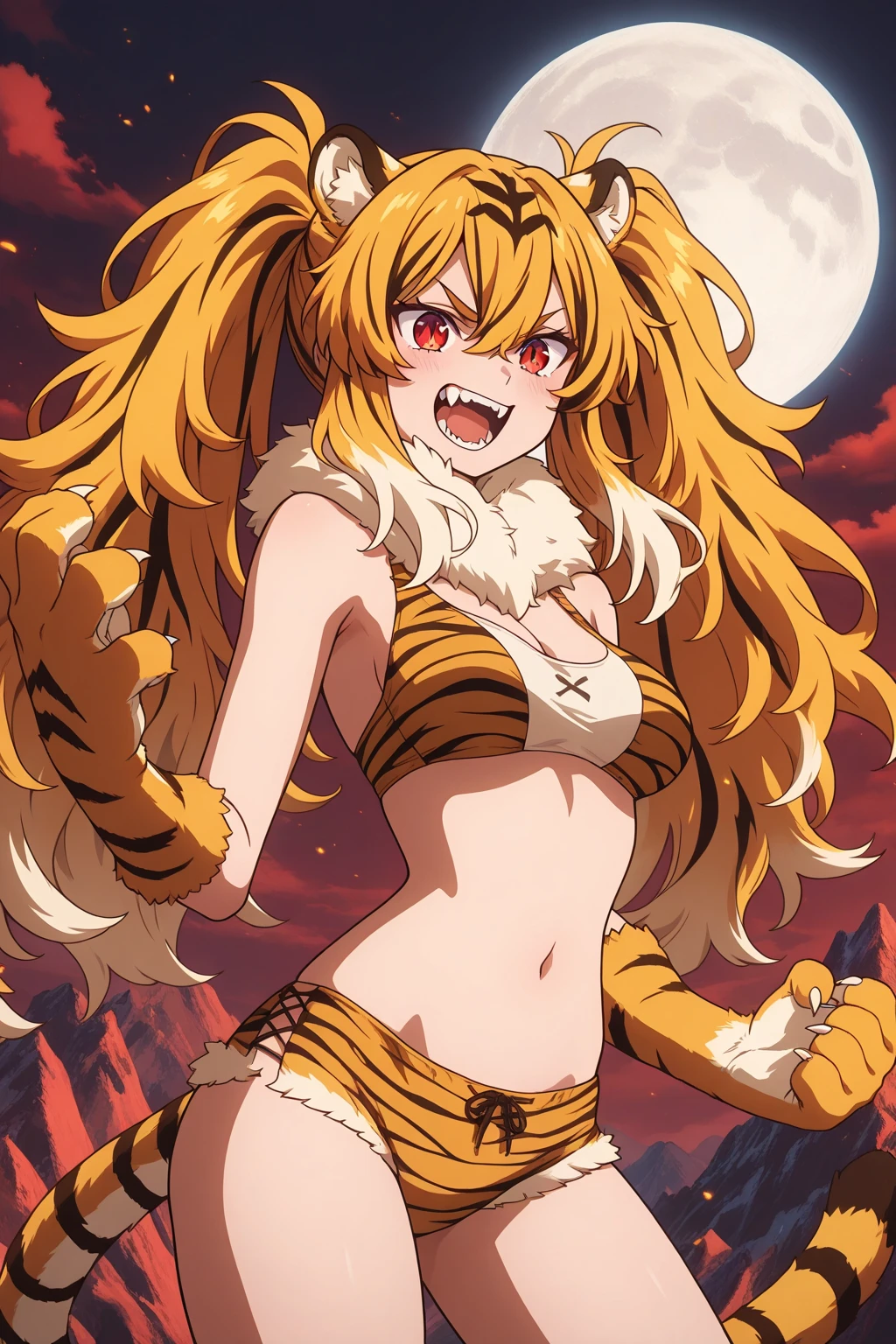 20yo, 1girl, solo, (angry:1.2), small chest, (muscular:1.2), (fangs:1.2), (blonde long hair, tiger print bang:1.2), (tiger ears, locket necklace, triangle locket, black sport bra, tiger print long pant, tiger print elbow gloves, black knee boot:1.2), sitting on stage, stadium in background, spot light on head, singing