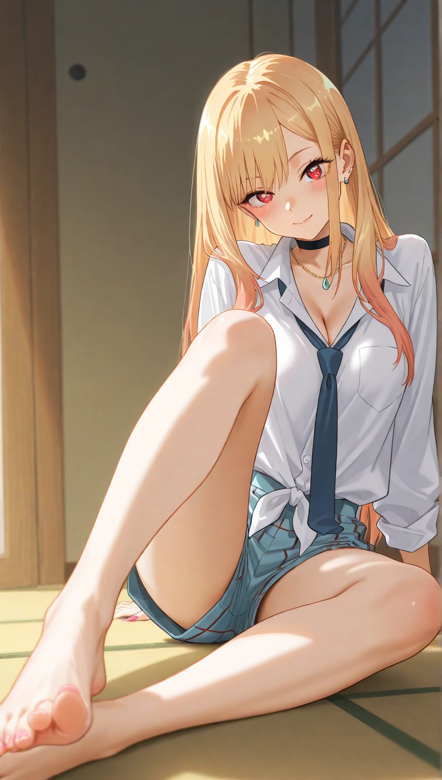 kitagawa marin, sentada no chao de pernas abertas