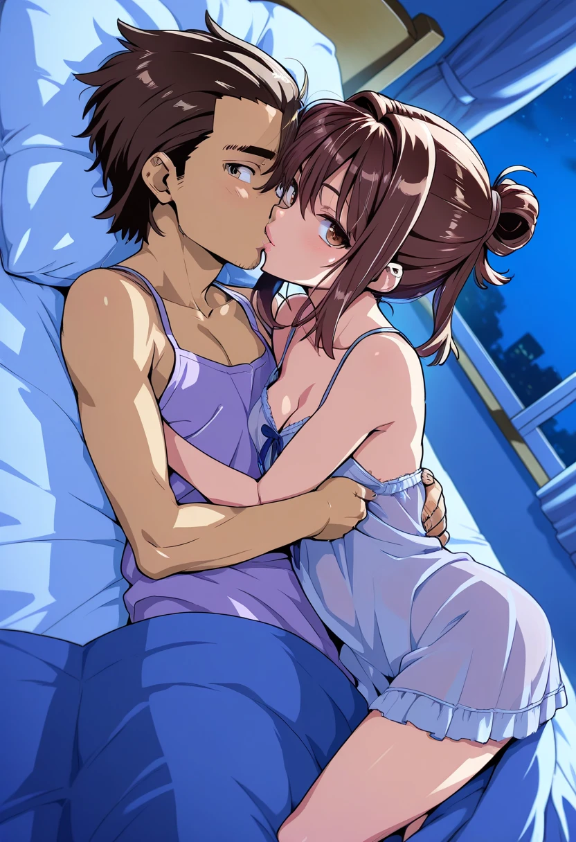 shinkai makoto, kimi no na wa., 1boy, buzzcut, 1girl, bangs, bed sheet, black hair, blush, breasts, medium breast, nipples, brown eyes, headband, red headband, red ribbon, Ribbon,short hair, lying, no bra, panties, underwear, white panties, white shirt, cute, love, couple, adorable, dating, deep kiss, kiss, open mouth, brown eyes, open eyes, tears eyes, indoors, night, passionate hug, lie on bed, sex, (they having fun and showing their love to each other), she lives on top of him, (they kissing),snuggle, cuddlin,the two of them snuggled up to each other on the bed, rape, sexaull harassment, buzzcut,