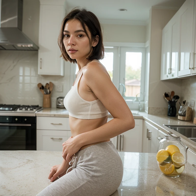 Hyper-realistic full-body-shot photo. young teenager brunette Gina Rodriguez with giant bangs tied into a messy top-head bun with some loose locks of hair, is wearing a cute pyjama She is eating a breakfast in the kitchen. Realistic face and body. Hyper-intricate details in the hair. 8K quality.
